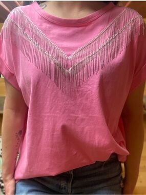 Blue B Lilou Pink Fringe Tassel Women's Short Sleeve Tee  Size Small NWOT